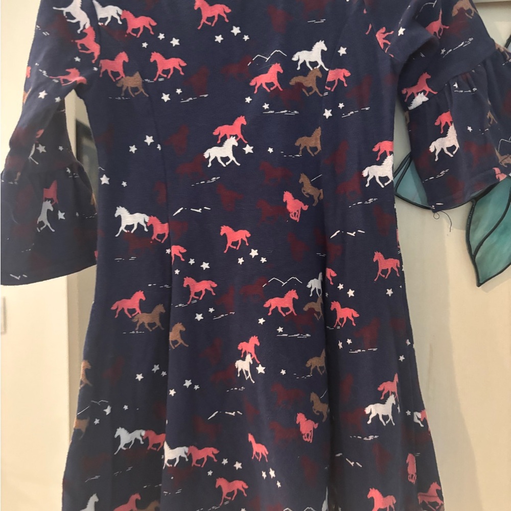 Navy Blue Kids Dress with Horse Print